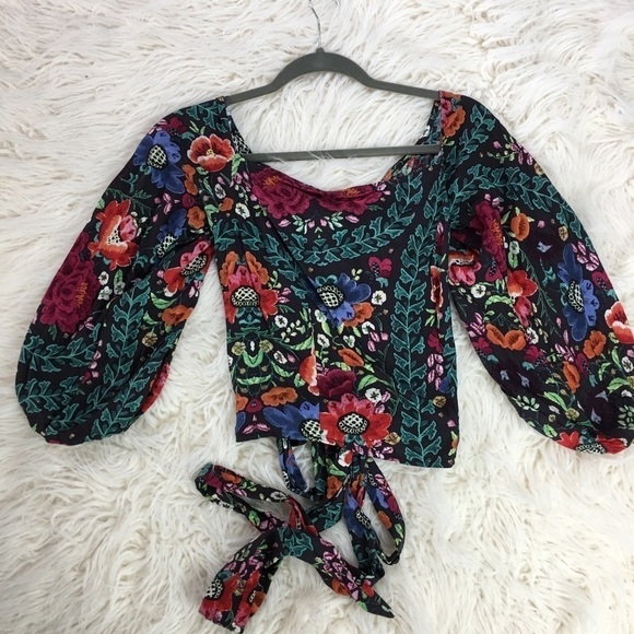 Vintage-Inspired Jaase Floral Tie-Front Blouse RayonBoho Festival / Cottagecore - Picture 7 of 8